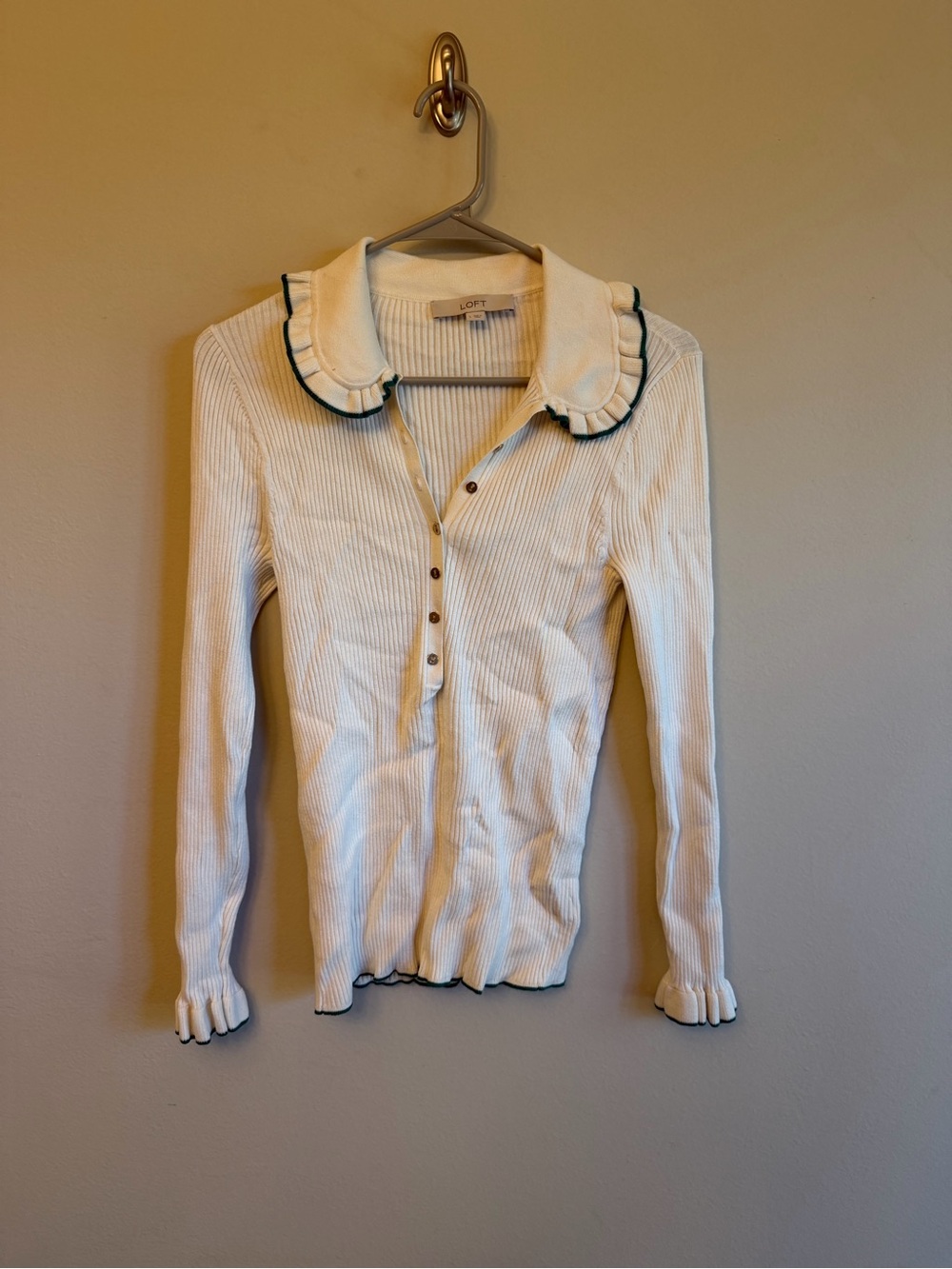 LOFT Cream Ribbed V-Neck Sweater with Green Trim